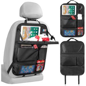 LUCMO Car Backseat Organizer with Tablet Holder,6 Storage Pockets Car Storage Organizer with Foldable Food Tray,Protectors Kick Mats Travel Accessories-Black
