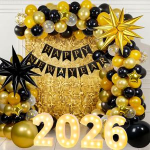 2026 New Year Balloon Arch Party Decorations, 18" 10" Black and Gold Balloon Garland Arch with Happy New Year Banner for 2026 New Years Party Decorations NYE Party Supplies 2026