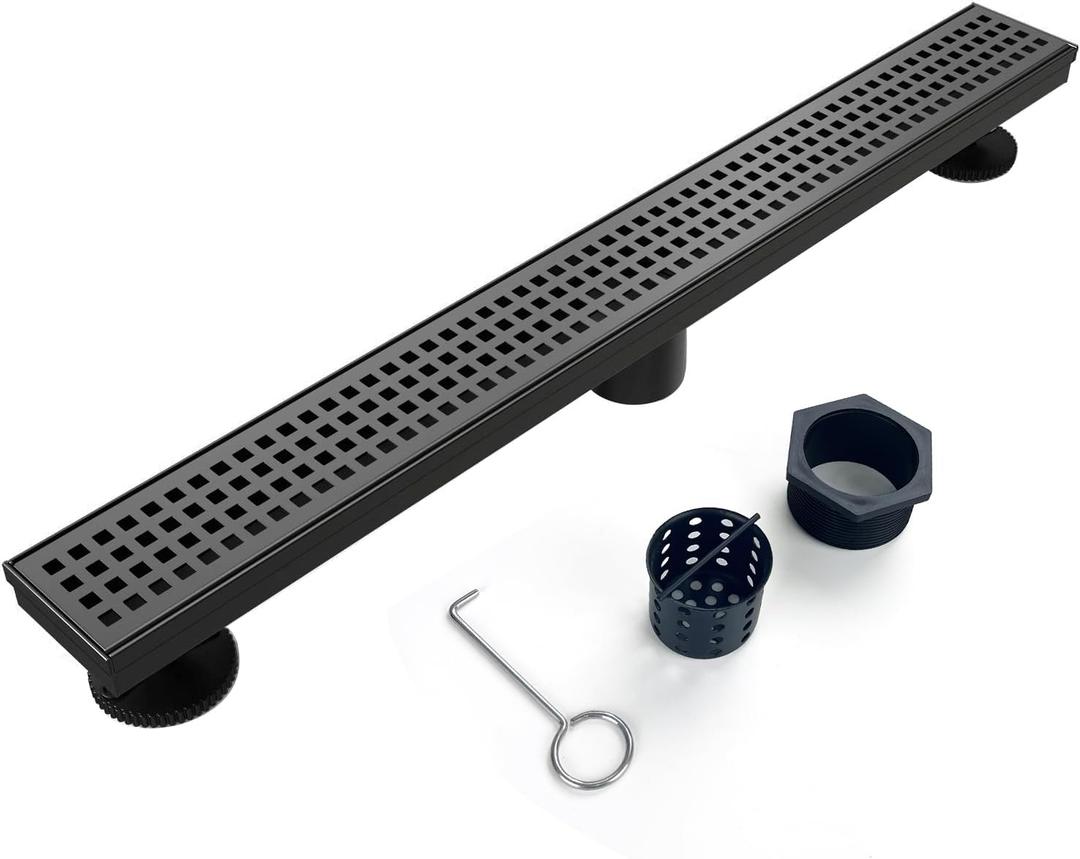 Linear Shower Drain, 32 inch Black Drain with Removable Grate Cover, Brushed 304 Stainless Steel Shower Floor Drain, Linear Drain with Hair Strainer and Adjustable Feet