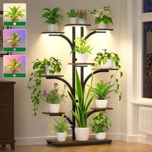 ikkle Plant Stand Indoor with Grow Lights, 64" Tall Plant Shelf, 9 Tiered Corner Plant Shelves for Indoor Plants Multiple, Large Flower Display Holder, Tree-Shaped Plant Rack for Home, Living Room, Patio Decor