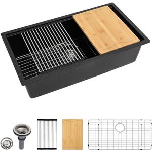 Dcolora 32 inches Granite Composite Kitchen Sink Workstation Black Undermount Single Bowl Large Kitchen Sink 32"W x 19"D x 10"H, DC-GU7741