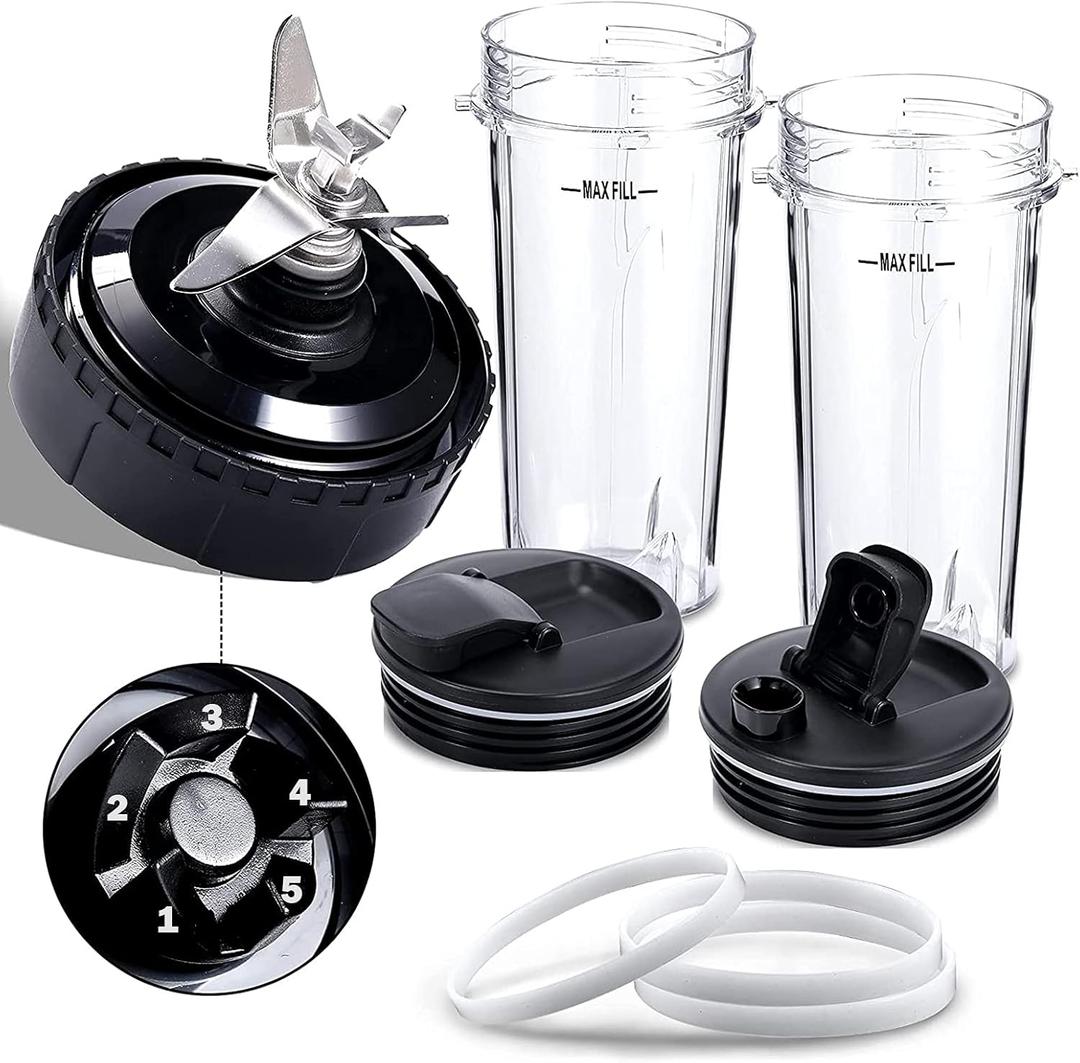 Blender Replacement Parts Compatible with Nutri Ninja, 5 Fins Extractor Blade, 216oz Cups with To-Go Lids, 3Rubber Gasket Accessories for Ninja QB3000/QB3000SSW/QB3004/QB3005/QB3001