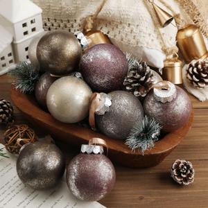 12 Pcs Neutral Textured Christmas Ball Ornaments 2.4 Inch Vintage Metallic Brown Maroon Gold Xmas Tree Ornament Shatterproof Rustic Distressed Xmas Baubles Antique Farmhouse Christmas Decor