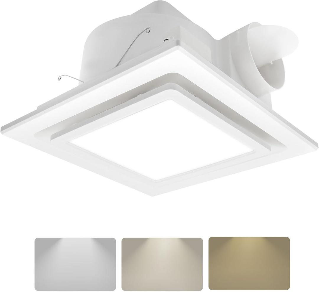 Bathroom Exhaust Fan with Color adjustable Light,3000K,4500K,6000K Square LED Combo,0.7 Sones 141CFM,11.8IN Ultra Quiet Ceiling Ventilation Fan,for Bathroom, Office, Home (3 Adjustable Colors LED)