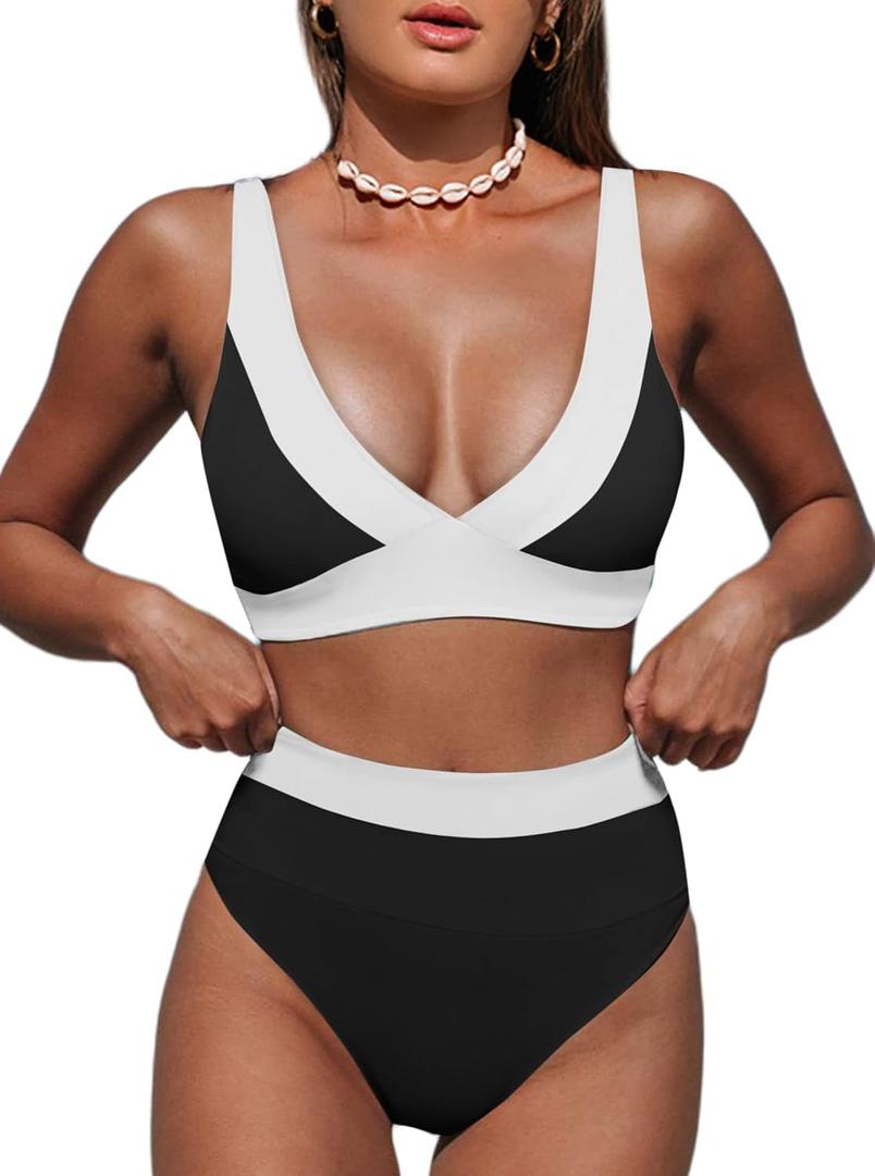 Hilinker Women's Leopard Bikini Swimsuits V Neck High Waisted 2 Piece Bathing Suits (Medium, Black White Colorblock)