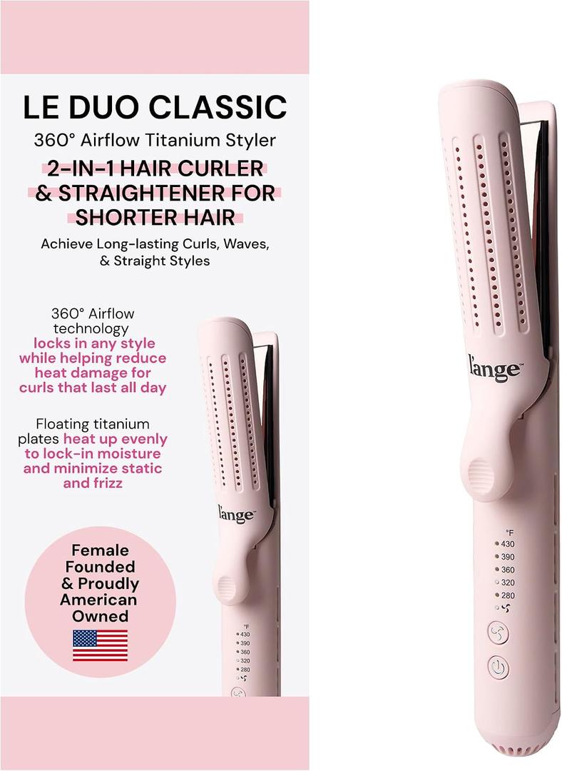 L'ANGE HAIR Le Duo Standard 360 Airflow 2 in 1 Straightener and Curler | 1 Inch Curling Wand & Titanium Flat Iron with 3.5" Plates | Hair Straightener & Curler for Short to Medium Hair (Blush)
