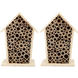 Native Hive Wooden Bee House, Natural Handmade Wooden Bee Box Habitat with Bamboo Tubes,Insect House Shelter for Attracting Peaceful Bee Pollinators (2PCS)