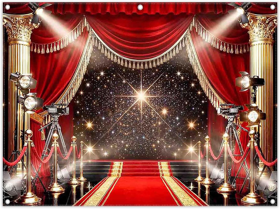 8x6ft Red Carpet Backdrop Glitter Spotlight Fashion Show Movie Night Stars Photography Background Graduation Wedding Birthday Party Decorations Photo Banner Props