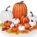 DearHouse 12Pcs Thanksgiving Artificial Pumpkins Set Clearance, Fall Pumpkins with Maple Leaves for Autumn Thanksgiving Holiday Home Decor