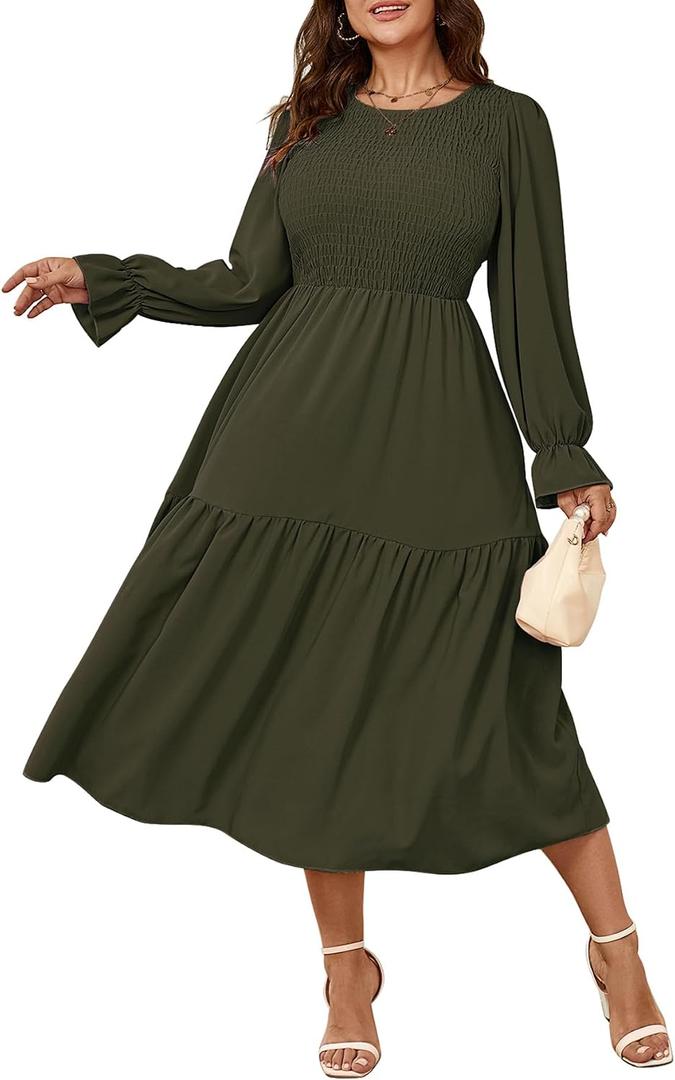 SHESTARR Women's Plus Size Dress Long Sleeve Crewneck Smocked Tiered Flowy Boho Wedding Party Maxi Dresses (Green, XXXL)