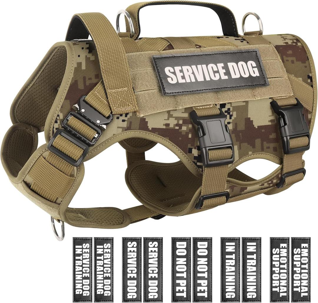 WINSEE Service Dog Vest Harness for Large Dog, Tactical Working MOLLE Vest with 10 Pet Patches, No Pull Heavy Duty Harness for Training Walking (Camo Desert) L