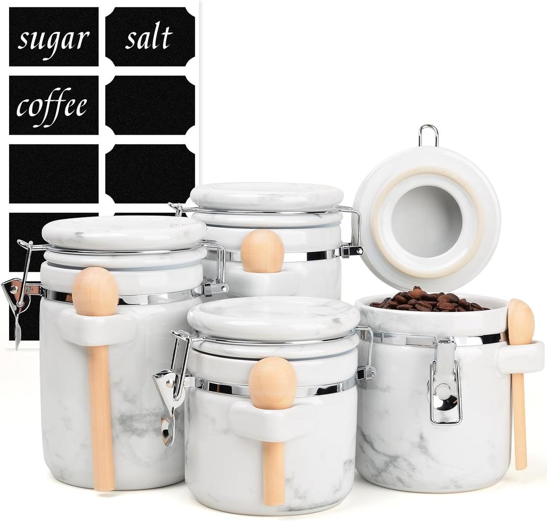 4-Piece Airtight Ceramic Canisters Set with Wooden Spoons & Chalk Labels  Perfect for Coffee, Sugar, Flour, Tea (Marble)  Stylish & Leakproof Kitchen Storage