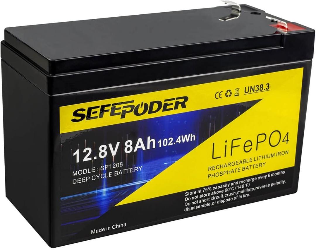 12V 8Ah LiFePO4 Lithium Deep Cycle Battery, 2000+ Cycles Rechargeable Battery for Solar/Wind Power, Lighting, Power Wheels, Fish Finder and More with Built-in 8A BMS