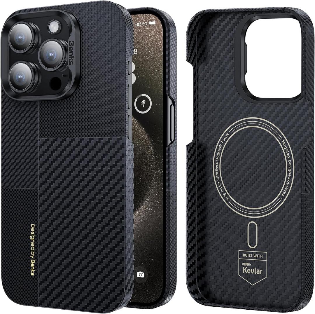 BENKS Montage Case for iPhone 15 Pro 6.1'' Compatible with Magsafe, Ultra Slim & Lightweight, Integrated 600D and 1500D Aramid Fiber, Built with Dupont Kevlar, Minimalist Style Protective Cover Black