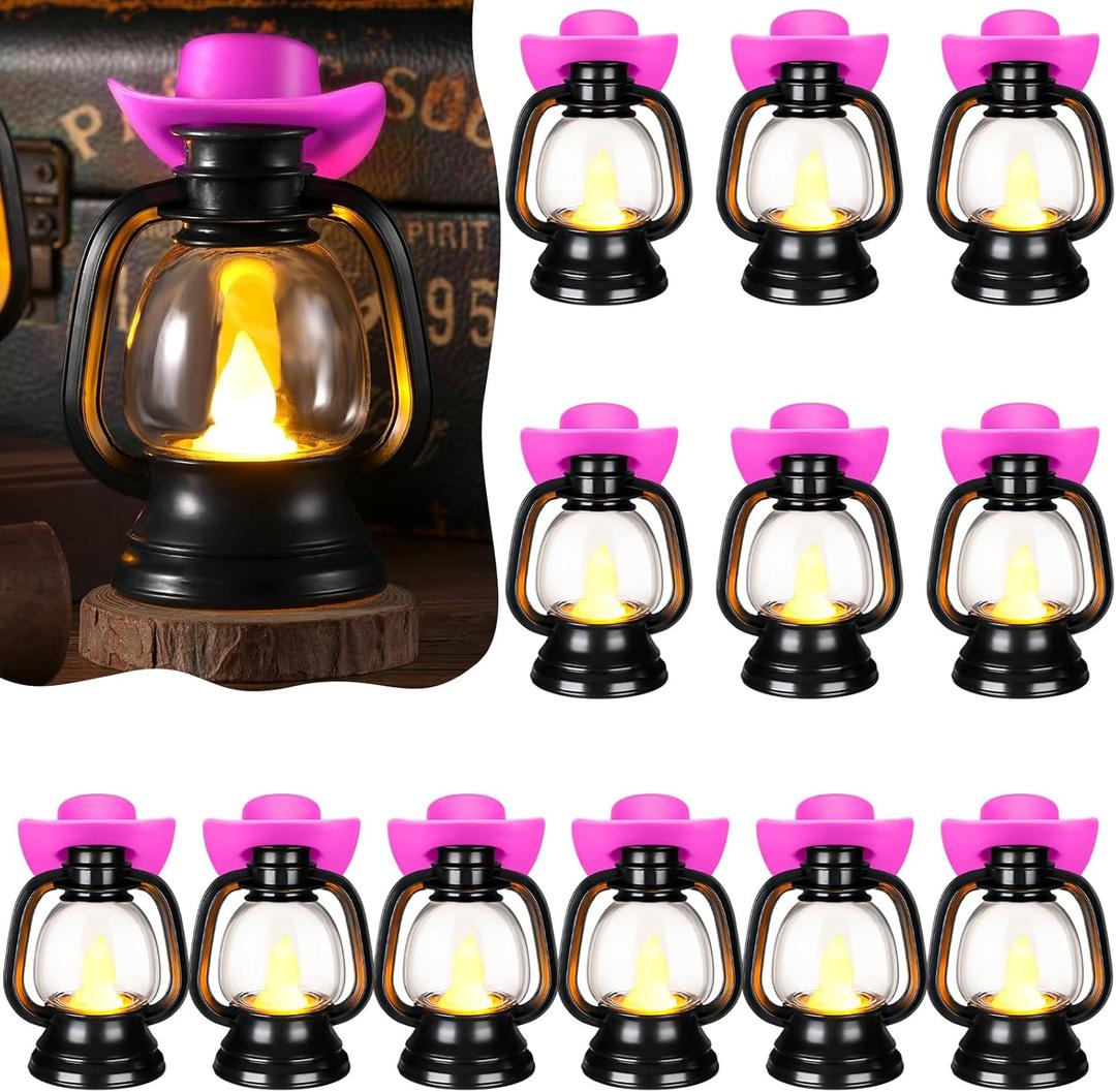 ROCEEI 12 Pieces Cowboy Hats Mini Lantern Western Cowgirl Small Lantern Decoration Retro Tiny Lamp with LED Candle Hanging Table Centerpieces Decor for Wedding Birthday Party Favor (Pink) (Pink)
