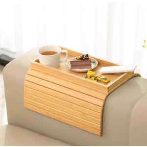 GEHE Bamboo Sofa Arm Tray, Foldable Couch Arm Tray Side Table, Anti-Falling Armrest Tables Cup Holder for Snacks, Drinks, Beers, Phone, Control, Flexible and Portable, Anti-Slip Bottom