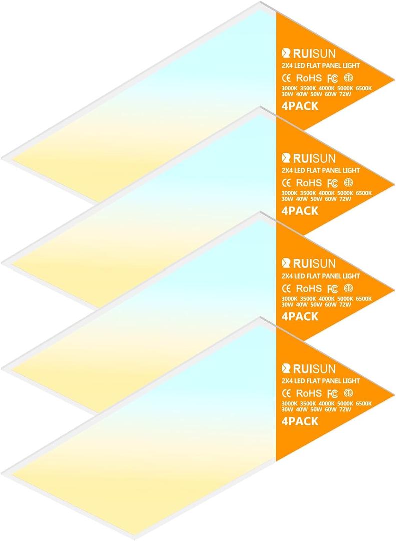 4 Pack 2x4 LED Flat Panel Light Drop Ceiling Office Fixture,9576LM, 30W/40W/50W/60W/72W Selectable,3000K/3500K/4000K/5000K/6500K 5CCT,Dimmable (0-10V) for Shop,Commercial Warehouse,ETL Listed