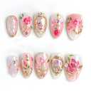 24Pcs Flower Press on Nails Almond Short Fake Nails with Pearl Rhinestones Design Handmade Acrylic Nails Pink Rose Glue on Nail 3D Gold Chrome French Tip False Nails Cute Floral Bow Artificial Nail