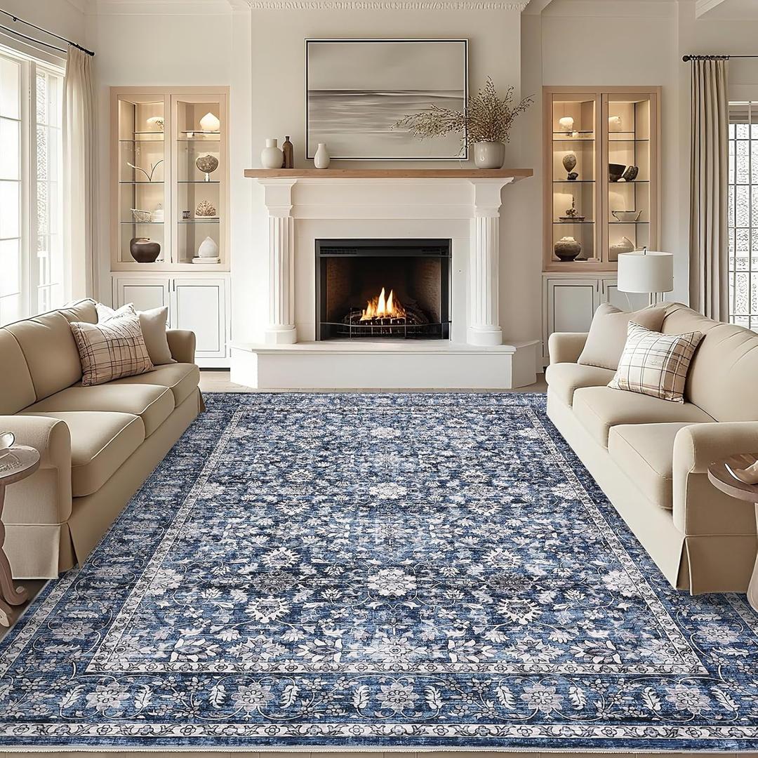 GarveeHome Vintage 810 Area Rug, Non Slip Backing Washable Stain Resistant Super Soft Distressed Persian Rug, Ideal for High Traffic Areas in Bedroom, Living Room, Kitchen Blue