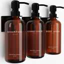 Amber Shampoo and Conditioner Dispenser Set Wall Mounted by Brighter Barns - Plastic Shower Dispenser Set - 3 Chamber Drill Free Shampoo Bottles - Modern Bathroom Decor for Guest Bathroom, Spa (Amber)