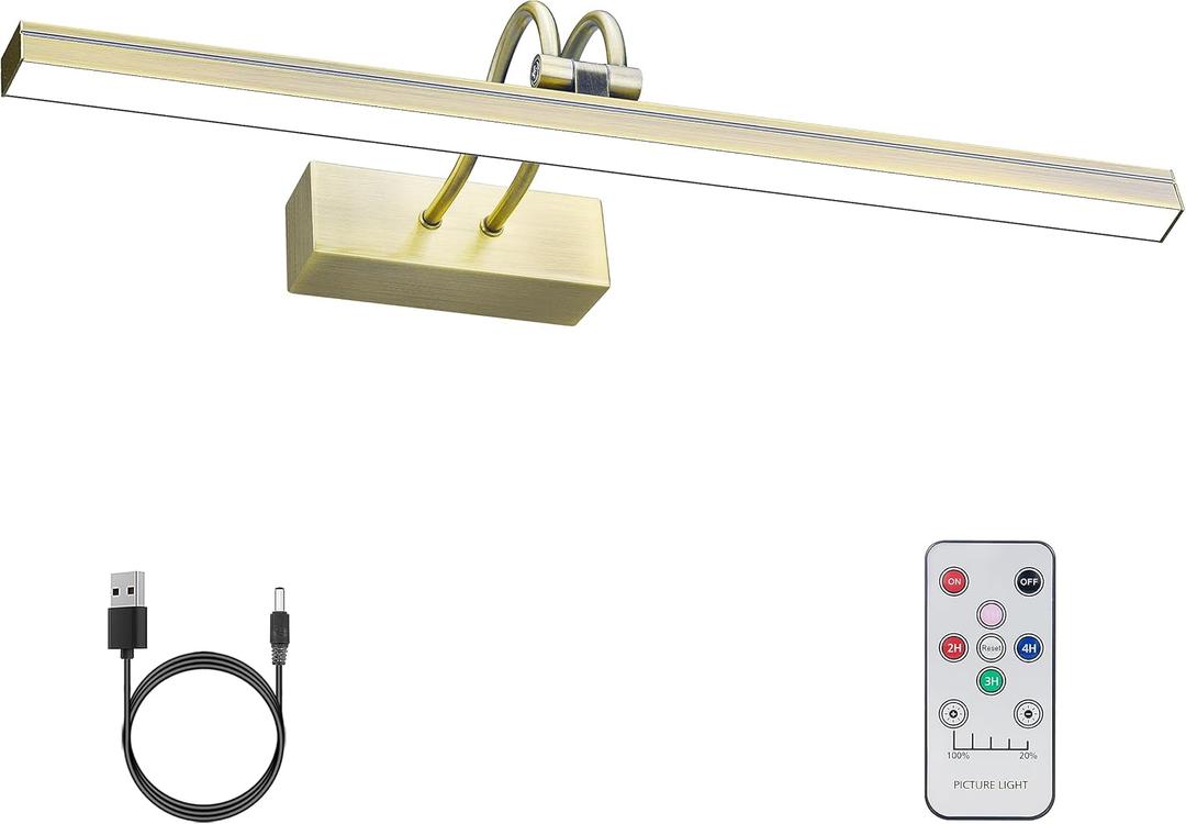 FUNCHDAY Picture Light, Wireless Rechargeable Gallery Lights with Remote, 280LM 48 LED Dimmable Painting Lighting, 16in Battery Operated Art Lights for Paintings,Wall Artwork (Antique Brass)