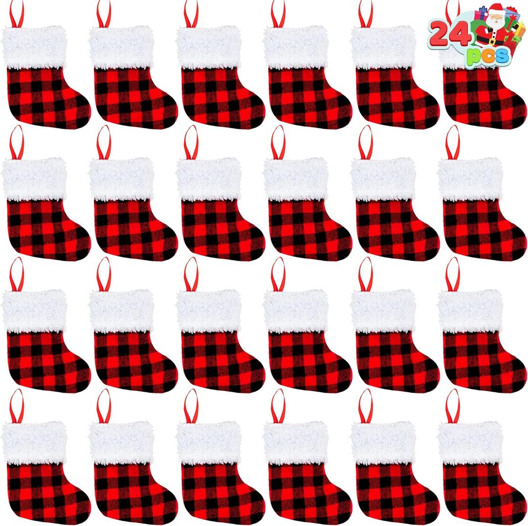 JOYIN 12 PCS 5 Mini Christmas Stocking,Red Black Plaid Xmas Stockings for Christmas Tree Decoration, Party Favors and Holiday Season Supplies