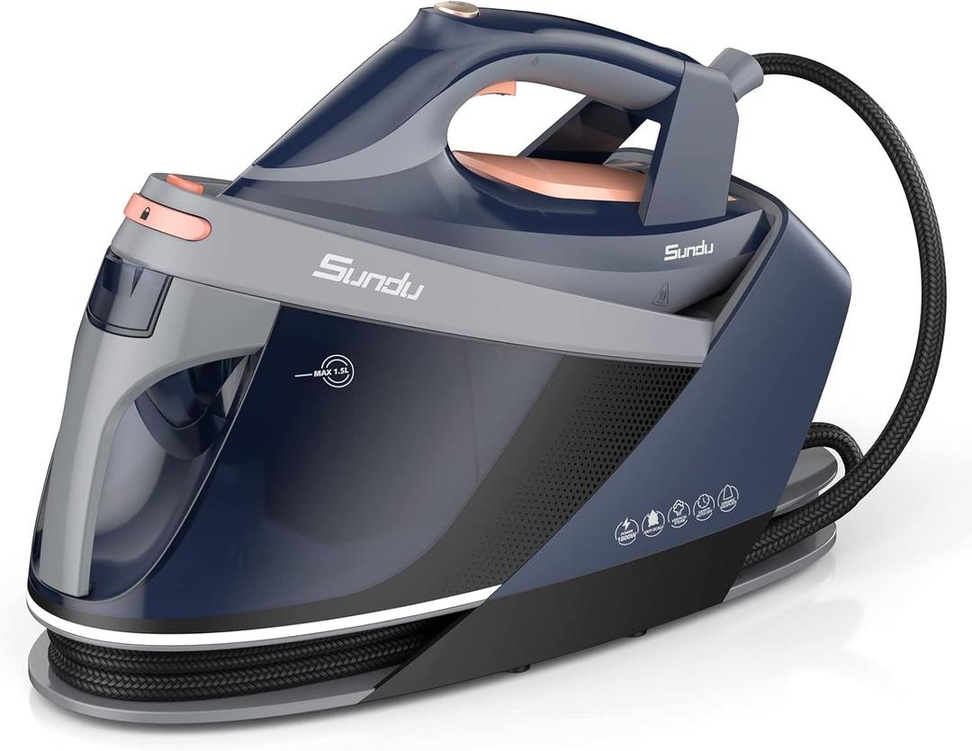 Sundu Pro Steam Station with Ceramic Soleplate, 1800W Steam Station Iron for Clothes with 1.5L Removable Water Tank, Iron Lock for Easy Carry, Auto ShutOff, Self Cleaning (Black)
