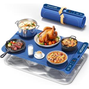 Gaiatop Food Warming Mat, Fast-Heating Silicone Electric Warming Tray with Heat Insulating Pad, 7-Level Temp 8h Timer Food Warmer Mat, Portable Heating Mat for Countertop Gatherings Party Home, Blue
