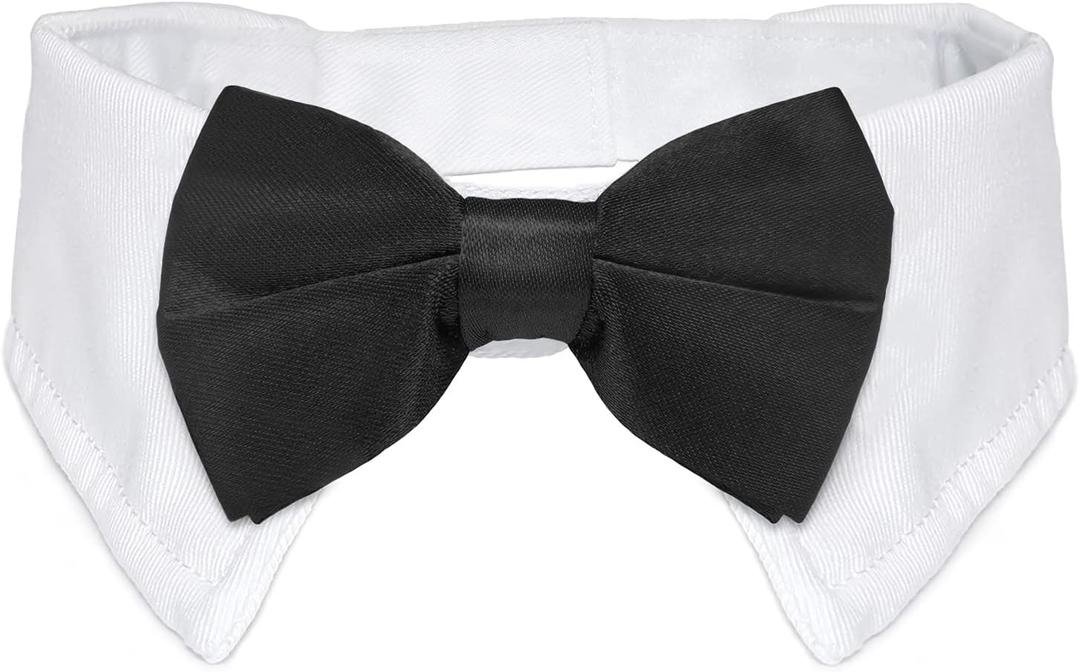 Dog Bow Tie, KOOLMOX Pet Bowtie Collar Black, Adjustable White Pet Tuxedo Collar with Black Dog Neck Bow Tie for Medium Large Boy Dogs Wedding Formal Tuxedo Suit Tux Outfits Birthday Costumes
