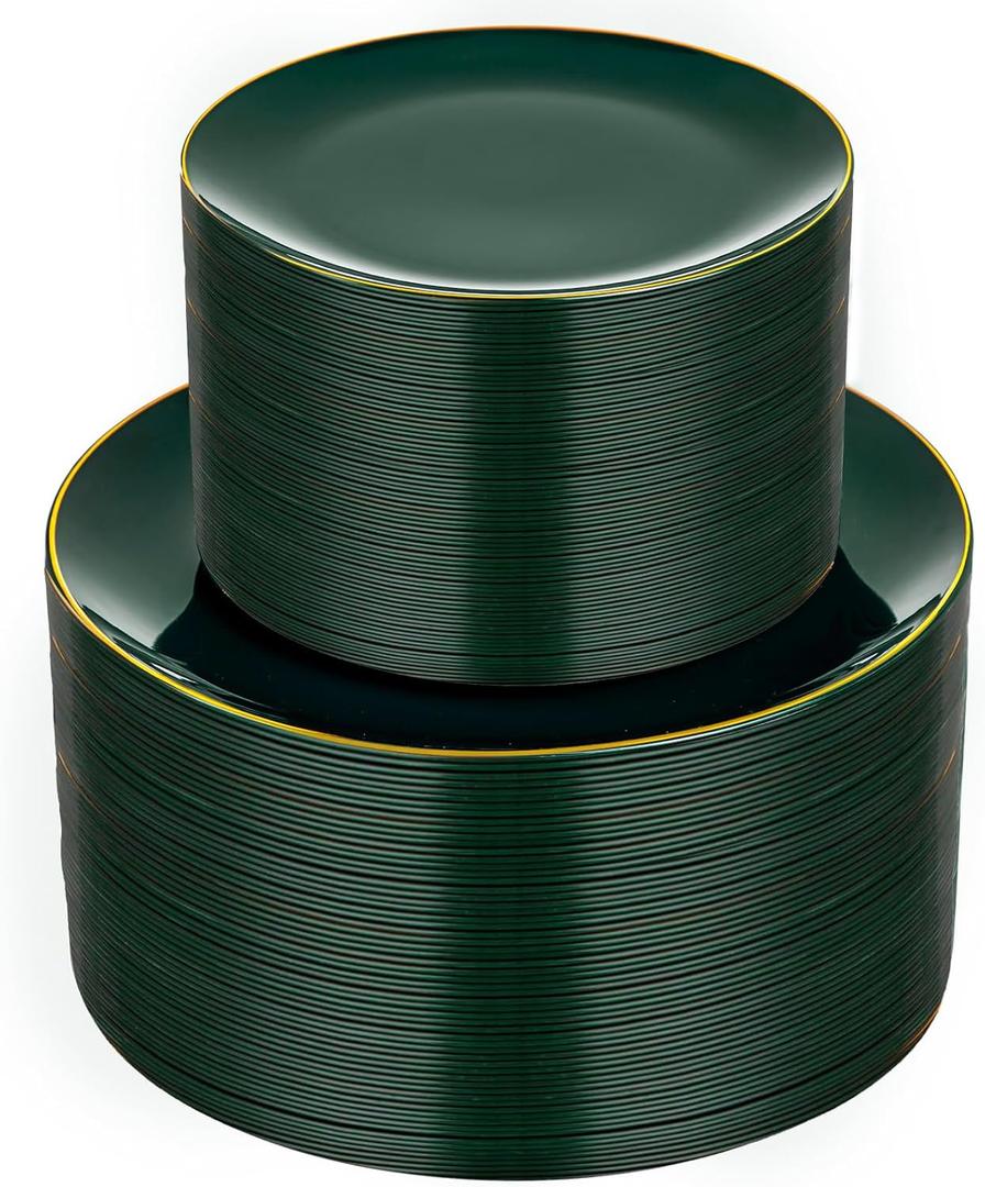 bUCLA 100PCS Green Plastic Plates - Heavy Duty Green Disposable with Gold Rim Include 50 Dinner 10 inch & 50 Dessert 7 inch Plates, Ideal for Party & Christmas