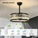 KAISITE Black Caged Ceiling Fan with Light and Remote Control 19" Bladeless Crystal Modern Fandelier Semi Flush Mount Farmhouse Chandelier Ceiling Fan for Kitchen Bedroom Dining Room, Large