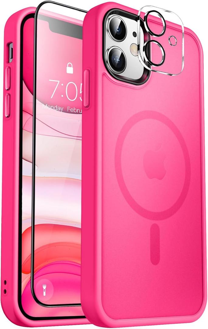 MOCCA Strong Magnetic for iPhone 11 Phone Case,[Compatible with Magsafe][Glass Screen Protector+Camera Lens Protector] Slim Thin Shockproof Cover Case for iPhone 11 6.1 inch, Hot Pink