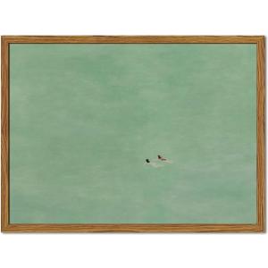 Framed Two Girls Swimming Canvas Wall Art, Minimalist Green Tiny People Swimming in Ocean Pictures Wall Decor, Summer Beach Paintings Prints Modern Home Decor for Living Room Bedroom 16x24inch