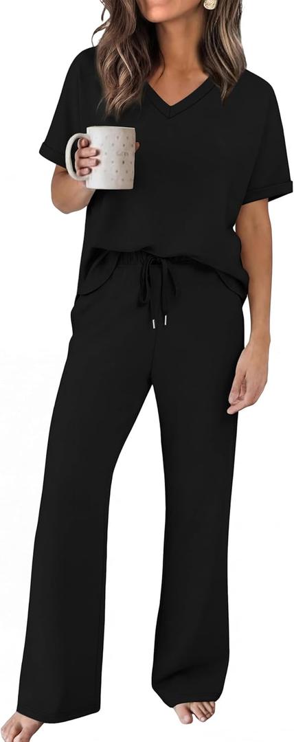 Sampeel Lounge Sets for Women V Neck Turn-UP Sleeves Tops Wide Leg Pants 2 Piece Sets Oversized Summer Vacation Outfits 2026, Medium
