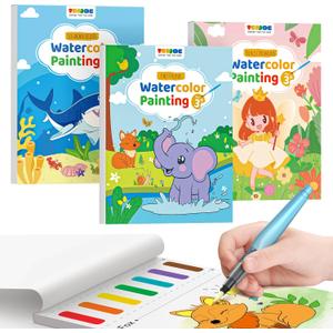 TECJOE 3 Pack Paint with Water Coloring Books for Toddlers, Mess Free Watercolor Painting Set with 6 Brushes, Travel Art Craft Activities Toys Birthday Gifts for Kids Ages 3-8, Forest, Sea & Princess