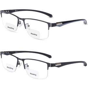 2 Pack Men's Bifocal Reading Glasses Clear Top Blue Light Blocking,Lightweight Rectangular Semi-Rimless Metal Frame TR90 Temples Readers,3.0x