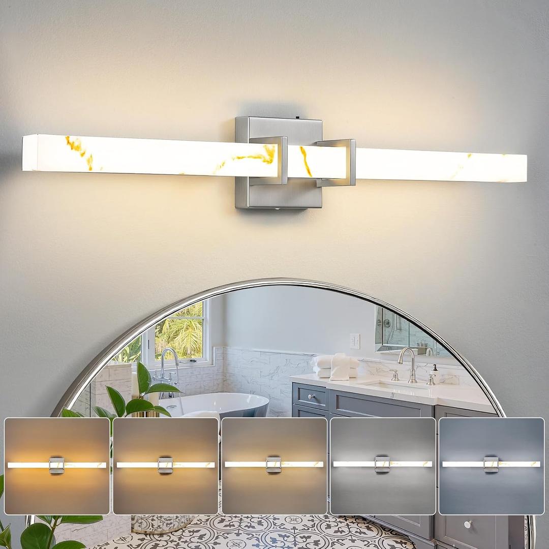 Modern Bathroom Vanity Light 30 inch, 20W Dimmable 5CCT Led Bathroom Light Fixture Over Mirror, Brushed Nickel Bar Vanity Light with Faux Marble Resin Shade for Bathroom Mirror Restroom