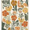 Boho Floral Shower Curtain Large Extra Long Vintage Retro Orange Flower Cute Colorful Bright Fun Funny Abstract Leaves Funky Pretty Fabric Cloth Bathroom Decor Set 72x84 inch Polyester 12 Hooks