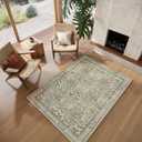 Vintage Washable Area Rug 4x6, Beige & Blue Low Pile Non-Slip Stain Resistant, Distressed Retro for Bedroom Under Bed, Living Room, Nursery, Kitchen & Entryway