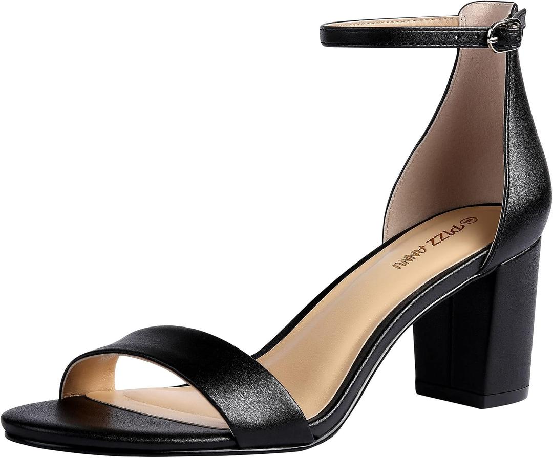 PIZZ ANNU Women's Open Toe Ankle Strap Low Block Chunky Heels Sandals Party Dress Pumps Shoes Strappy Buckle Sandals with 2.6" Tall Thick Heel Design, Black, 8.5