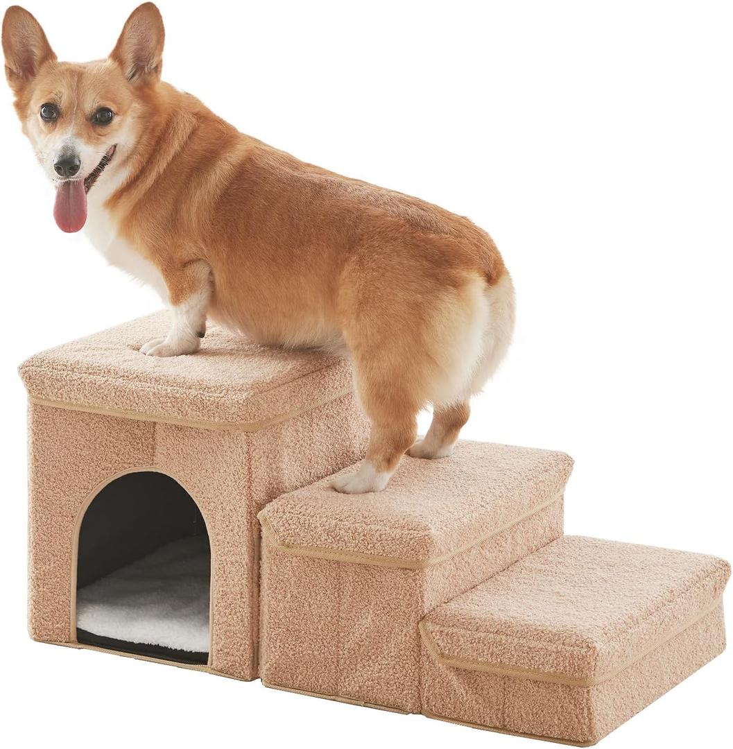 Dog Stairs for Small Dogs with Storage and Condo,Foldable Pet Stairs for Small Medium or Puppy Dogs and Older Cats, Dog Steps for Bed or Couch(Beige,13" H)
