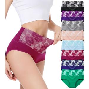 HAVVIS Women's Briefs Underwear Cotton High Waist Tummy Control Panties Rose Jacquard Ladies Panty Multipack (XX-Large)