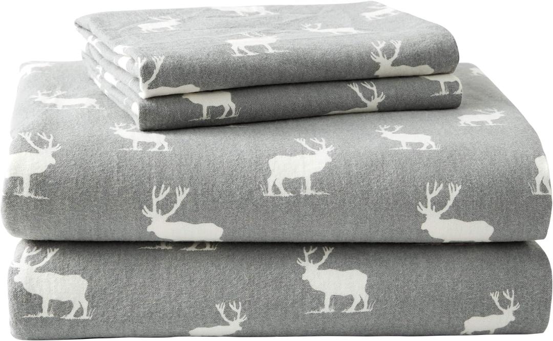 Eddie Bauer - Flannel Sheets Queen Size, Anti-Pilling & Wrinkle Resistant Cotton, Touchably Soft for All-Season Comfort - Bed Sheets with Matching Pillowcases & Fitted Sheet (Elk Grove Grey)