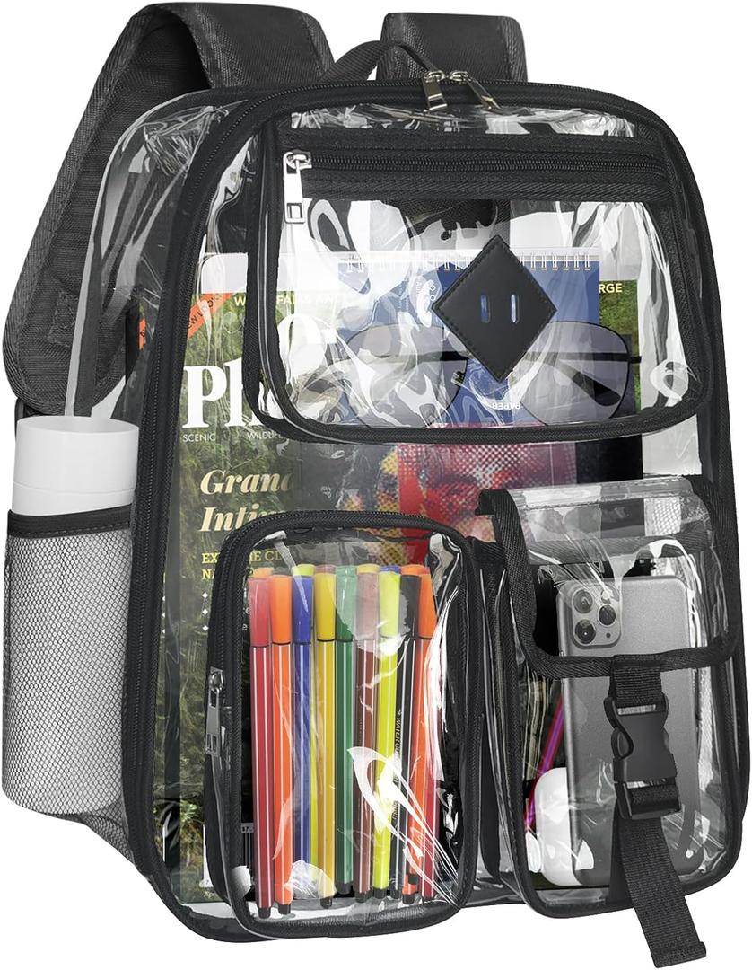 Clear Backpack Heavy Duty Large PVC Transparent See Through Backpacks Work Travel Stadium Approved Festival Backpack (Black)