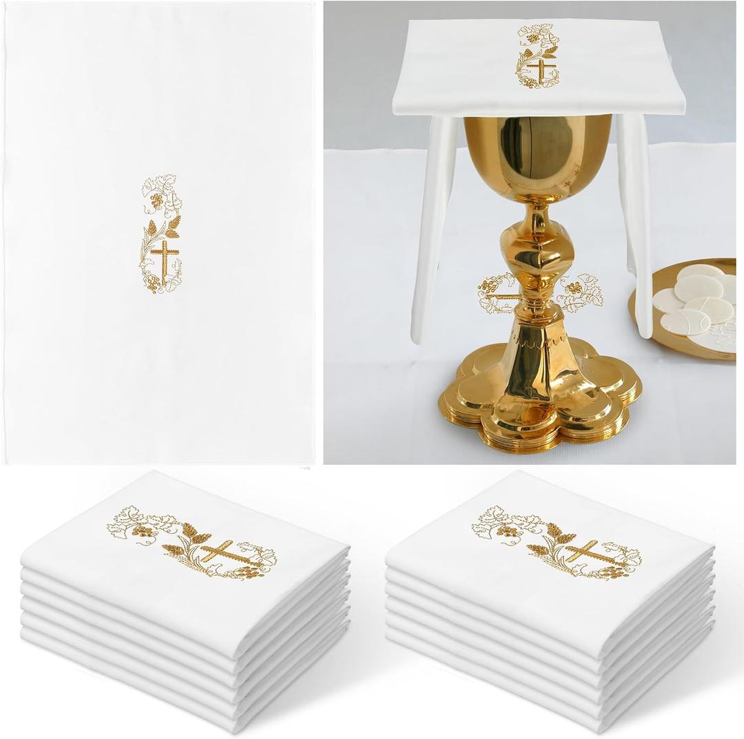 Fanfanwin 12 Pack of Embroidered Cotton and linen Purificator with Gold Cross Center Embroidered Purificators for Catholic Church Altar Cotton and linen Towel Catholic Communion Supplies, 12 x 18 Inch
