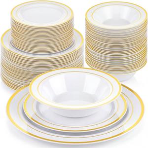 Havawish 150 Pcs Gold Disposable Plastic Plates and Bowls Sets for 50 Guests, Dinnerware Set with Gold Rim 50 Plates 50 Dessert Plate 50 Bowls for Wedding Anniversary Birthday Party