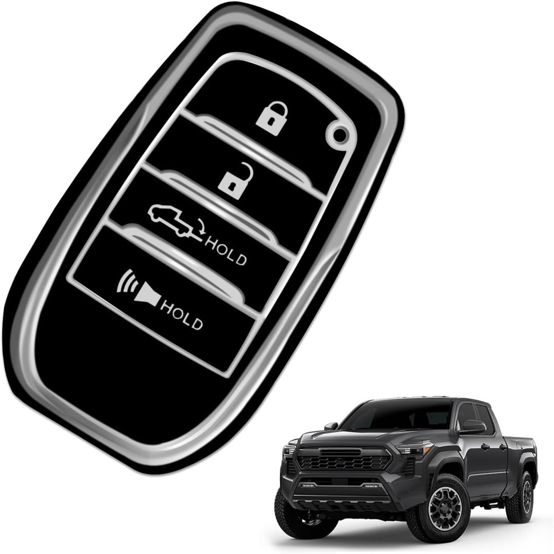 Muslogy Key Fob Case Cover Compatible with 2024 2025 2026 Toyota Tacoma Accessories 4 Button Smart TPU Key Fob Protector 24Tacoma SR SR5 TRD PreRunner TRD Sport Off-Road Pro Trailhunter (Black)