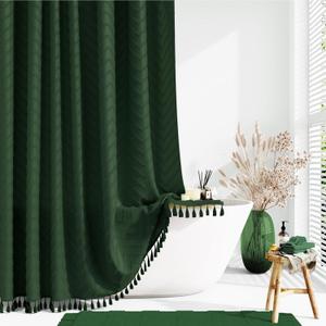 Dynamene Boho Farmhouse Shower Curtain, Dark Green Fabric Tufted Chevron Striped Textured Tassel BathroomShower Curtains, Water Repellent, Minimalist Ruffled Cloth Shower Curtain Set,12 Hook, 72x72