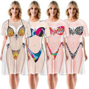 4 Pcs Funny Cover up Women's Bikini Shirt Short Sleeve Cute Swimwear Cover up Beach T Shirt, XL Colorful