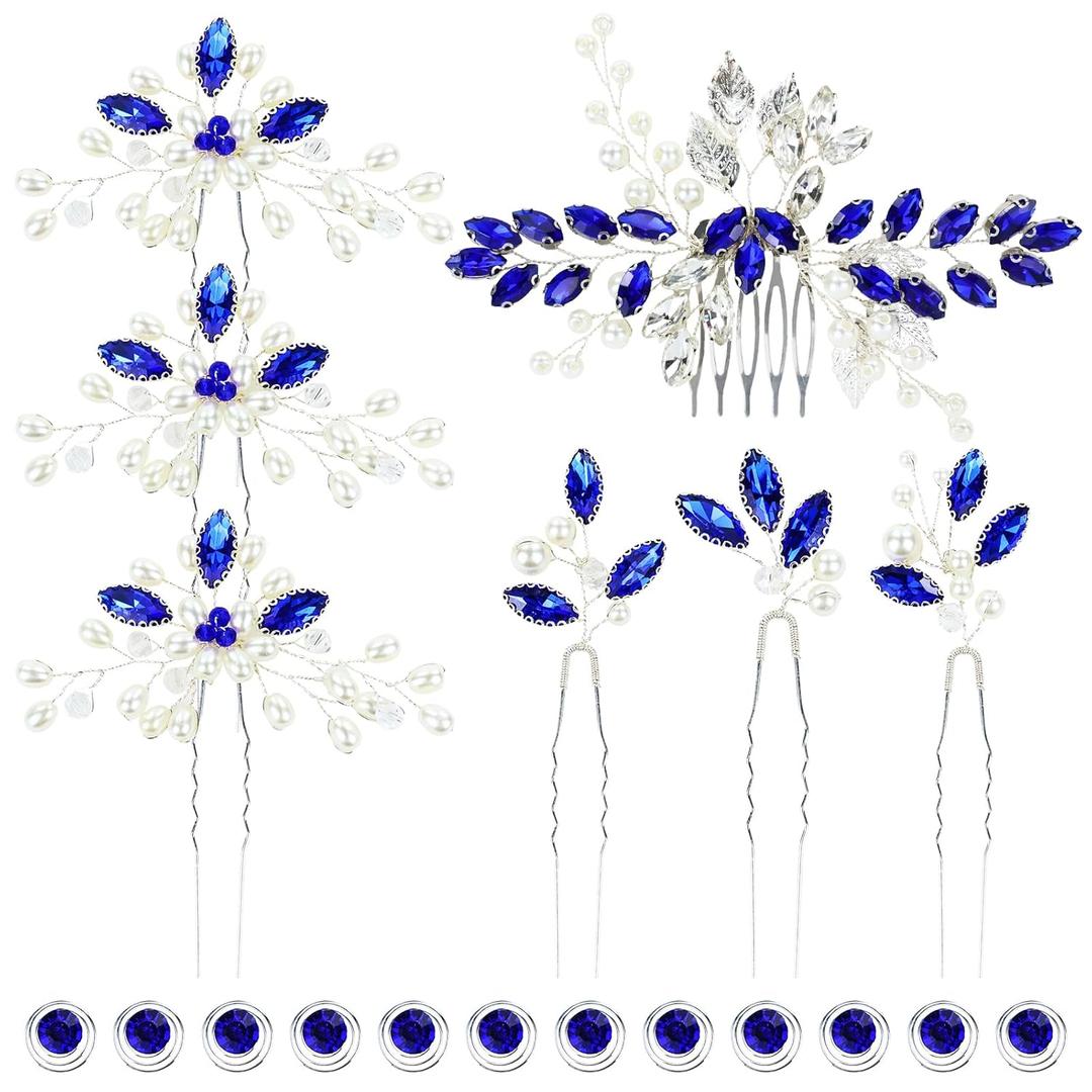 inSowni 7 Pieces Bridal Wedding Silver Pearl Flower Hair Side Combs U-shaped Hairpins & 12pcs Twist Blue Rhinestone Hair Pins Clips Headpieces Accessories for Women Girls